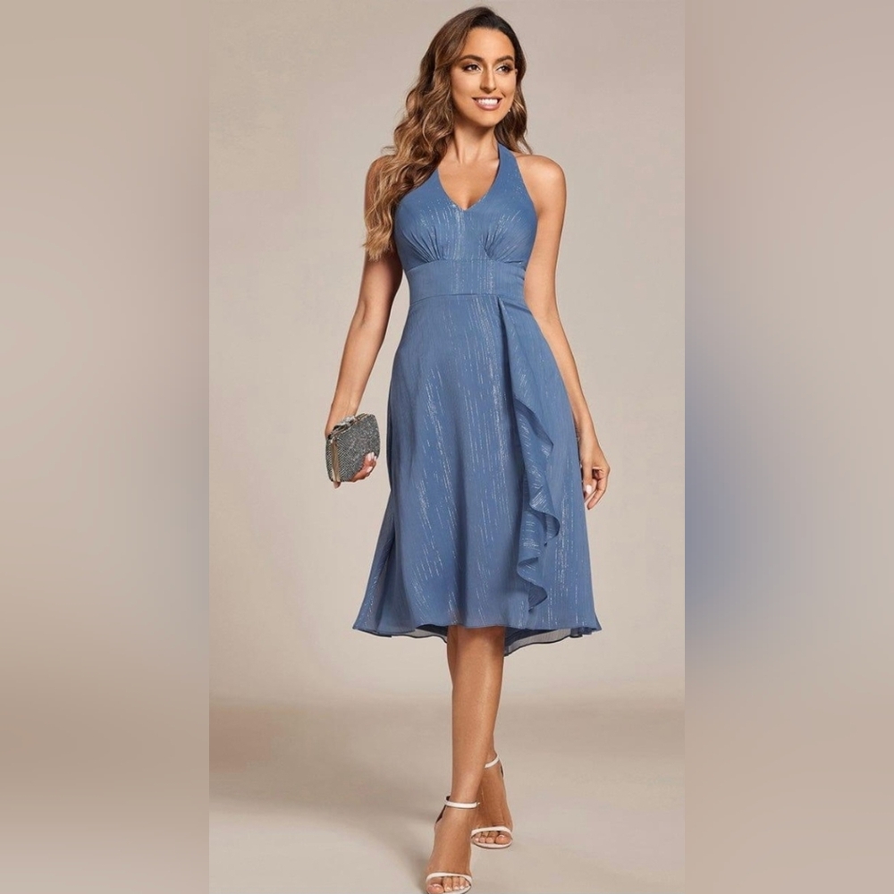 Ever Pretty Dusty Blue Halter A-Line Midi Dress with Ruffle
